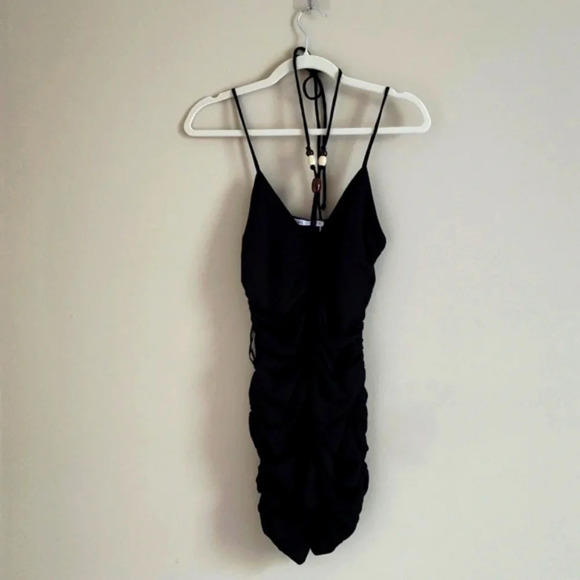 Zara Black Ruched Mini Dress – Spaghetti Strap Bodycon Party Dress – Size Small - Picture 1 of 8
